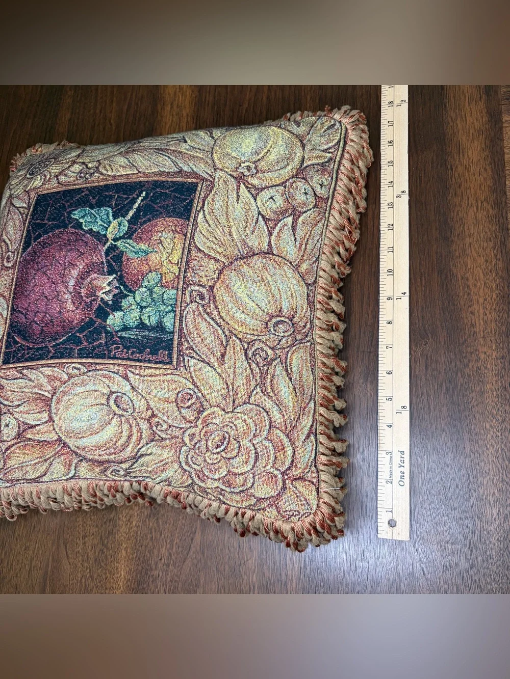 Vtg Riddle Home Tapestry Fruit Throw Pillow Fringes Woven Pat Campbell Weavetec
